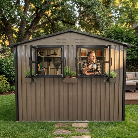 Abri de jardin 275,7x181,7x198,4 cm avec 2 portes fenêtre ventilation cadre de sol pour rangement en acier galvanisé brun