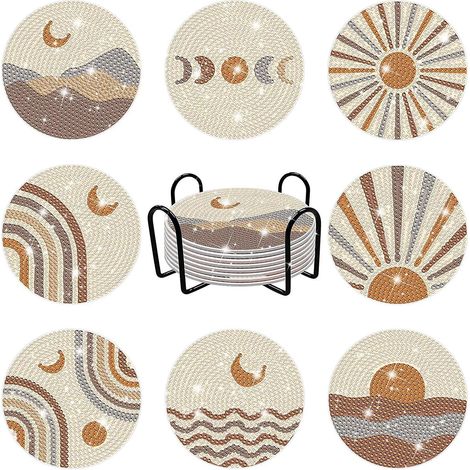 8 Pices Dessous De Verre En Diamant Peint Avec Bote De Rangement, Diy Diamond Moon, Dessous De Verre, Dessous De Vase (1/4)