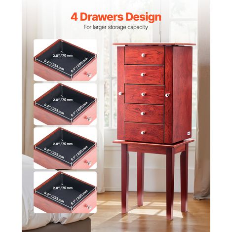 Armoire à bijoux sur pied en bois, coffre rangement à bijoux avec 4 tiroirs, miroir rabattable, 4 compartiments rangement supérieur… (1/5)