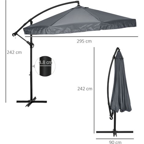 Parasol déporté 295 x 295 cm, avec manivelle et moustiquaire intégrée, rotation à 360°, pour 8 personnes, en acier et polyester. (1/5)