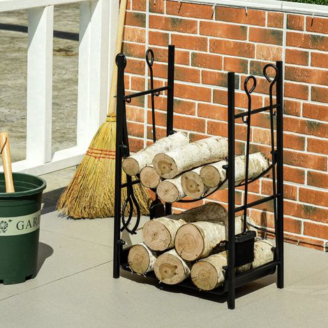 Noir - Porte-bûches 2 étagères, supports amovibles, accessoires inclus, capacité 70 kg, intérieur extérieur, 44,5x29,5x73 cm