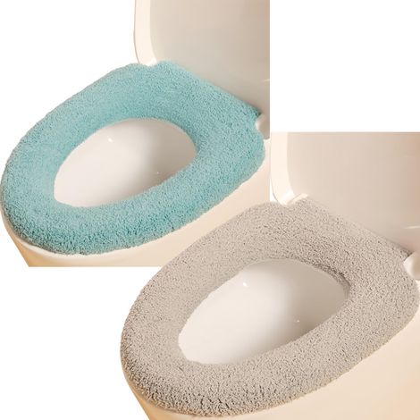 Lot de 2 housses de siège de toilette avec boucle de suspension - Doux et chaud - Lavables (gris + bleu) (1/5)