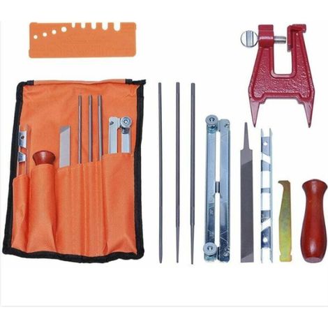 Kit d'affûtage universel pour tronçonneuse, comprenant limes, manches en bois et guide de polissage. (1/5)