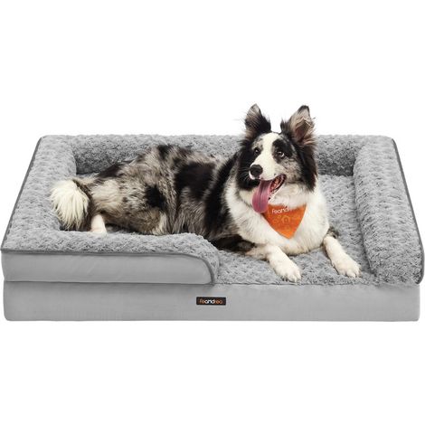 Panier pour Chien, Lit pour Animal, Orthopédique, Mousse Alvéolée, Bords Surélevés Rembourrés, Housse Amovible en Tissu Peluche aux Motifs Roses, 106 x 81 x 18 cm, Gris Tourterelle (1/5)