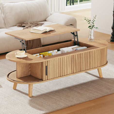 Mesa de centro elevable 120 x 50 x 39,5 cm con almacenamiento oculto, color madera natural DESVIAE (1/5)