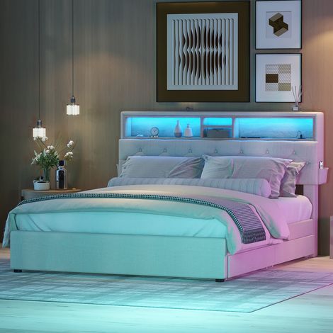 Lit double, lit capitonné, espace de rangement, tête de lit, lit avec chargement USB et éclairage LED, lit fonctionnel avec quatre tiroirs, tête de lit réglable, beige, 140 x 200 cm (1/5)