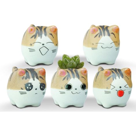 Mini pots à succulentes en céramique, faits main, motif chat mignon et original, avec trou de drainage. Pots de fleurs décoratifs en céramique, cadeaux pour les amoureux des chats, à offrir au bureau (1/5)