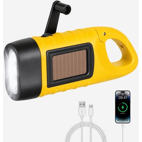 Lampe Torche Solaire LED Manivelle Dynamo Mousqueton Jaune Camping (1/5)