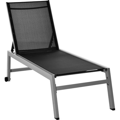 Transat Chaise Longue de Jardin, Dossier Réglable 5 Positions, Aluminium, Noir, 202 x 65 x 43 cm