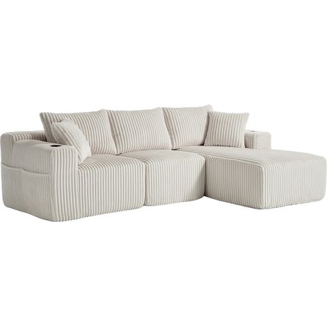 Canapé modulable 3 places chaise longue velours côtelé beige avec 5 coussins (1/5)