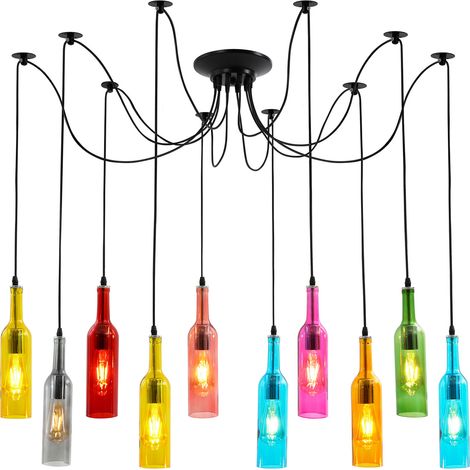 Suspension à 10 bouteilles en verre, suspension rétro réglable pour îlot de cuisine ou restaurant, Luminaire (1/5)