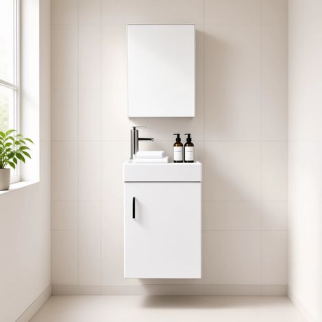 Meuble Salle de Bains avec vasque/lavabo lave mains à suspendre Mini 40 Blanc (1/5)