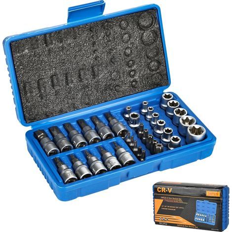 34-teiliger Profi-Steckschlüsselsatz für drinnen und draußen, Torx-Steckschlüsselsatz + Innensechskant-Bits, E4-E20, T10-T60, Steckschlüssel aus Chrom-Vanadium-Stahl für Auto, Motorrad, Industrie (1/5)