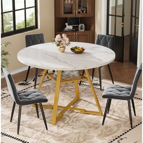 Table à manger ronde 120x120x75 cm blanche en MDF et métal avec effet marbre, étagère centrale et pieds réglables (1/5)