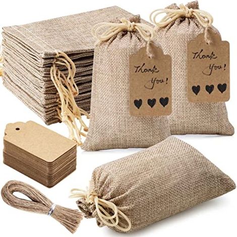 Irovami 30 sacs en lin à cordon avec étiquette et lanière, réutilisables, pour ranger vos cadeaux (mariage, bijoux, Noël, café, etc.), marron. (1/5)