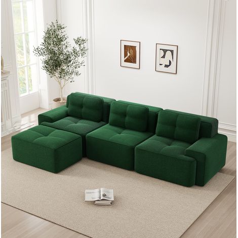 Canapé modulable en velours côtelé, Canapé d'angle 3 places en L avec repose-pieds amovibles, 74 cm assise profonde, sans assemblage - Vert (1/5)