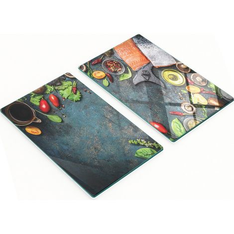 Juego de dos tablas de cocina decorativas de cristal para salm贸n y verduras, 2 x 30 x 52 cm.