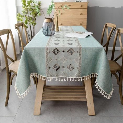 Mantel rectangular de algodón y lino lavable con borlas, ideal para mesa de centro o comedor, color verde (140 x 180 cm). (1/5)