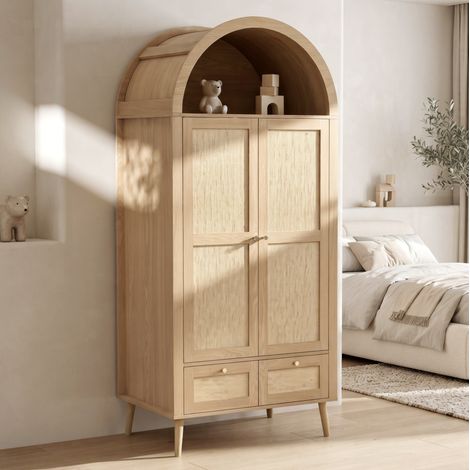 Armario 2 puertas, 2 cajones, barra y nicho abierto 80 x 55 x 180 cm roble y beige DESVIAE (1/5)