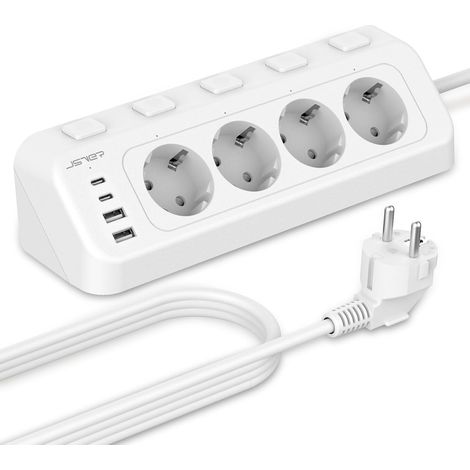 Multiprise d'angle avec USB et 2 Types C, Multiprise Electrique 4 Prises avec Interrupteurs Individuels, Bureau Bloc Multiprises (3680W 16A) USB avec Cable 2m pour Smartphone Tablette- Blanc (1/5)