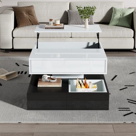 Table basse 70x70x40cm rotative 360°, double plateau avec 3 tiroirs, table de salon géométrique blanc et noir brillante, table d'appoint relevable pour canapé, meuble de rangement