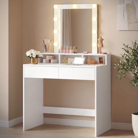 Coiffeuse, Miroir LED, Éclairage 3 Couleurs Réglable, Table de Maquillage avec Miroir, 2 Tiroirs et 3 Compartiments, Coin Beauté, Style Moderne, Blanc (1/5)