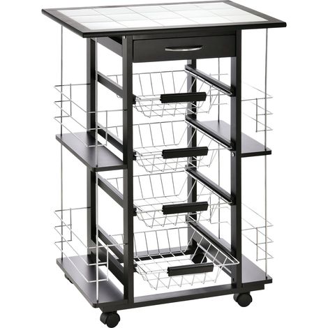Carrello da Cucina con 4 Cestini e 4 Scomprati in Legno di Pino 57x37x83 cm Nero (1/5)