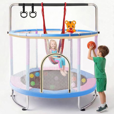 Trampoline Enfant 150cm avec Filet de Sécurité, Extérieur, Ensemble Multi-Activités : Balançoire, Panier de Basket, Barre de Gymnastique, Coussins de Protection, Grand Saut, Cadeau Enfant