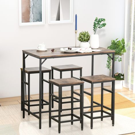 Table de bar avec 4 tabourets, ensemble 5 pièces compact pour cuisine, style industriel brun rustique et noir, panneaux et acier, CHICFURN (1/5)