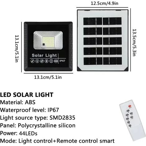 Projecteur solaire extérieur (50 W) avec télécommande, étanche IP67, à réflecteur solaire, applique murale. (1/5)