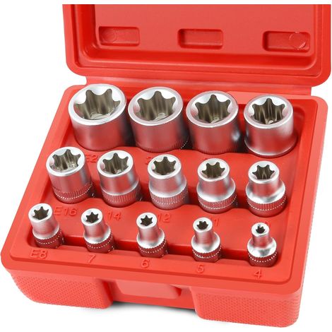 Lot de 14 clés à douille E-Torx étoiles, douilles profilées E4 - E24, étui 1/2", 1/4 (Rouge)jeu Clés Torx À Douille (1/5)