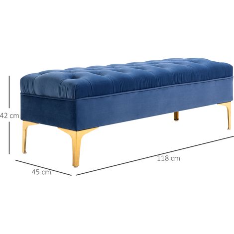 Banc, banc de lit, banc à chaussures avec pieds surélevés, chambre, velours, bleu (1/5)