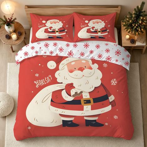Noël Housse de Couette 160x200 Père Noël Gribouillages Réversible - 160x200 cm + 2 Taies d'oreiller 65x65 cm (1/5)