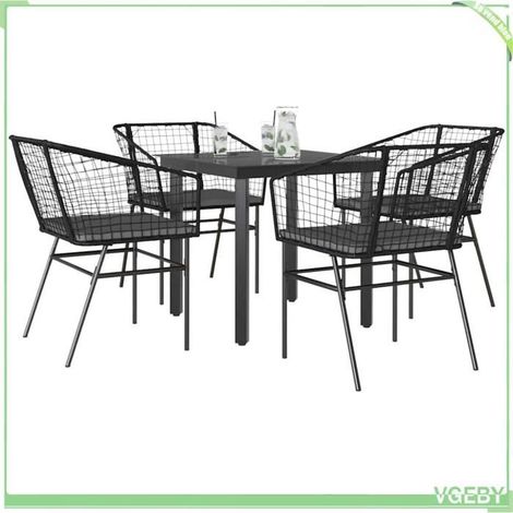 Ensemble à manger de jardin - 3334598 - Noir rotin - Table verre trempé - 4 chaises coussins amovibles (1/5)