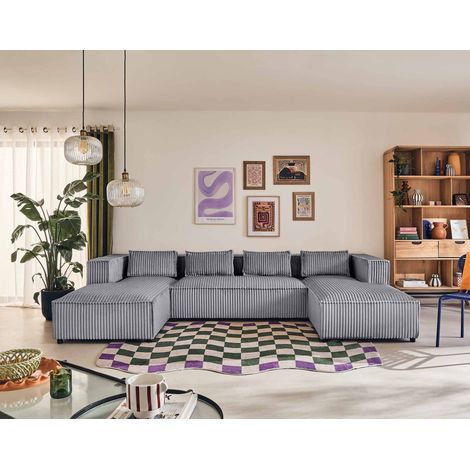 Lisa Design – Canapé panoramique en U 7 places – Revêtement velours côtelé grosses côtes – Dimensions L327 x P176 cm – Confort optimal avec 4 coussins