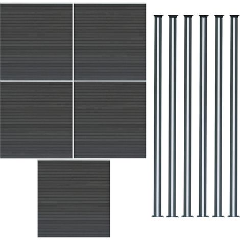 Kit Clôture 5 Panneaux Composite Plastique Gris 9 Lames à Emboîter 185 cm H x 872 cm L & 6 Poteaux en Aluminium à LED Solaires Texture de Bois Reversible PVC Brise-Vue Extérieur Jardin Mur d'Intimité