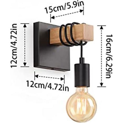 Applique murale industrielle en bois, style vintage E27, pour salon, chambre, salle à manger, couloir, bar, noir (sans ampoule) (1/5)