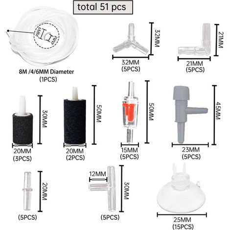 Kit Accessoires de Pompe à Air pour Aquarium Tuyau d'Air Diffuseur de Bulles Ventouse et Connecteurs de Ligne d'Air pour Bassin Poisson (1/5)