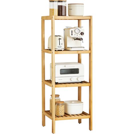 Étagère sur pied carrée en bambou à 4 niveaux – 33 x 33 x 98 cm. Étagère de rangement ouverte pour le salon, la cuisine, la salle de bains et le balcon. Finition naturelle