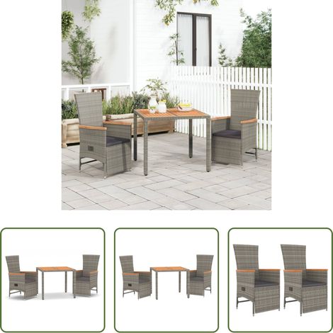 vidaXL Gartentisch - 3-tlg. Garten-Essgruppe mit Kissen Grau Poly Rattan (1/5)