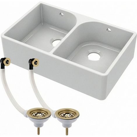 Double Bowl Fireclay Ceramic Butler Kitchen Sink with Full Weir, Overflows & Brushed Brass Wastes