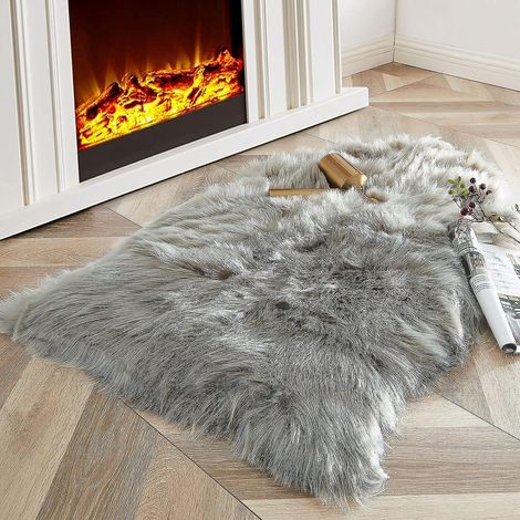 Alfombra, Piel sintética de oveja, Suave, 66x94 cm, Blanca y gris, Para dormitorio, sala de estar (1/5)