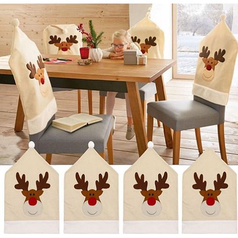4 fundas para sillas con estampado de ciervos, tela no tejida, lavables, para comedor, Navidad (1/5)