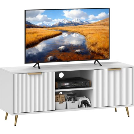 Meuble TV blanc 120 cm avec 2 compartiments ouverts et 2 portes pour téléviseurs jusqu'à 55 pouces idéal pour votre salon. (1/5)