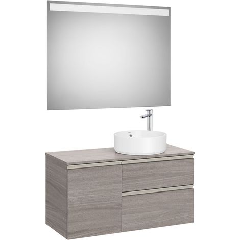 Pack meuble "The gap" 1000 pour vasque à droite - 2 tiroirs + 1 porte + plan + miroir LED - city oak/poignées nickel mat - Roca (1/2)