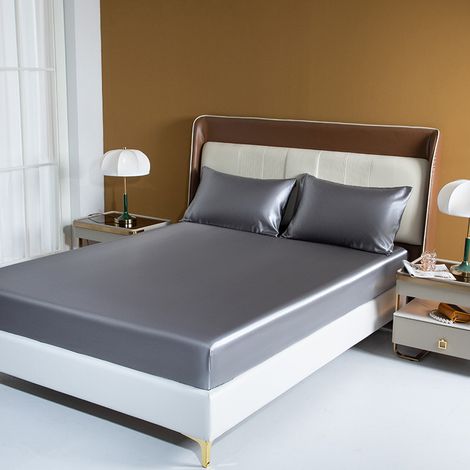 Drap-housse de couleur unie en soie avec sensation de fraîcheur estivale et protège-matelas en soie synthétique (1/3)