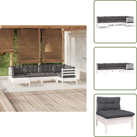 6-tlg. Garten-Lounge-Set mit Kissen Weiß Kiefer Massivholz - Gartenmöbeln - Lounge Set - Gartenmöbel Set - Outdoor Möbel - Rattan Gartenmöbel