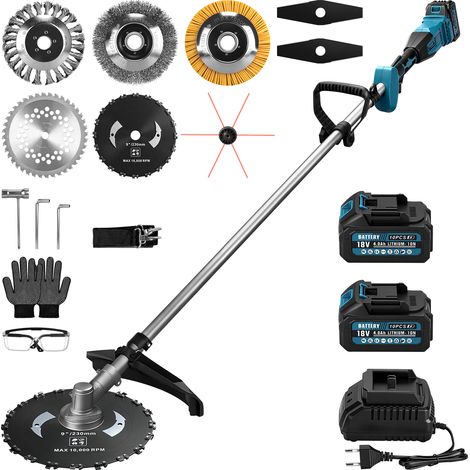 1380W 18800U/min Coupe Bordure Sans Balais Sans Fil Débroussailleuse Électrique Tête Pivotante 90° Longueur 168cm avec 2x Batteris Compatible Makita 21V 7 Types Lames Étanche et Pratique pour Jardin F (1/5)