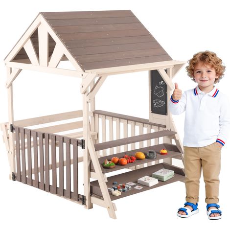 Maisonnette de jeu d'extérieur en bois gris cabane enfant avec étagère et toit anti-pluie 147,4 x 113,8 x 155,9 cm (1/5)