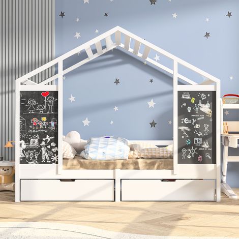Letto a capanna 90x200 cm con rete a doghe, 2 cassetti contenitori e tavoletta per scarabocchi, struttura letto in legno massello, sponde di sicurezza, letto singolo, Bianco (1/5)